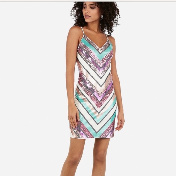 Express Chevron Sequin Mini Sheath Dress - Picture 4 of 5